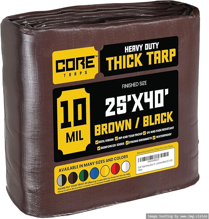 Core Tarps Heavy Duty 10 Mil Tarp Cover, Waterproof, UV Resistant, Rip and Tear Proof, Poly Tarpaulin with Reinforced Edges for Roof, Camping, Patio, Pool, Boat (Brown/Black 25′ X 40′)