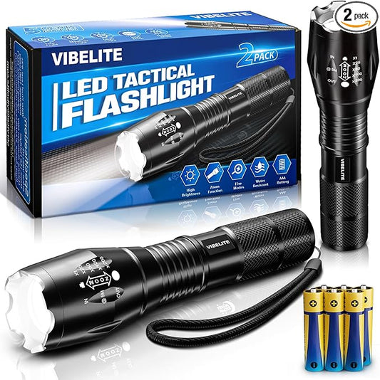 VIBELITE LED Flashlight High Lumens, 5 Modes Zoomable Waterproof Tactical Flashlight for Hiking, Camping Emergency, Stocking Stuffers & Christmas Gifts for Men, Dad, 2 Pack