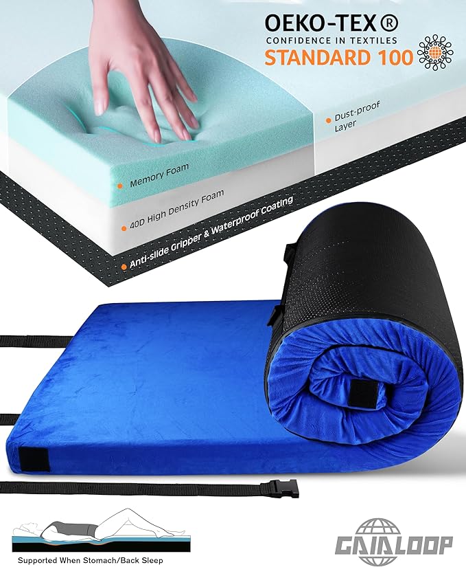 3 Inch Memory Foam Camping Mattress, Dual Layer Thick Sleeping Camp Pad for Car Tent Cot, Roll-Up Portable Glamping Floor Bed for Guests Sleepover