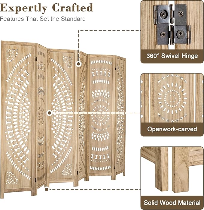 WelFurGeer Handcrafted Carved Wooden Room Divider Screen, Folding Privacy Screen for Room Separation, Decorative Room Dividers, 360° Adjustable Folding Panels for Privacy, Home, Office & Patio