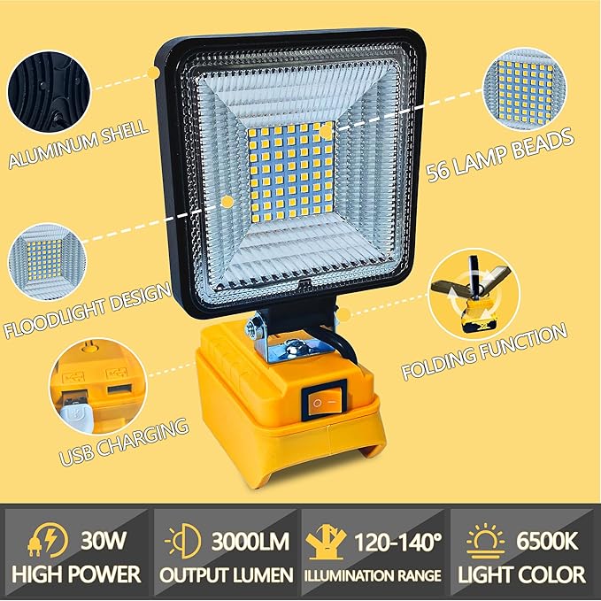 Cordless LED Work Light for Dewalt 20/18v Battery, 30W 3000Lumens Flood Lights Outdoor for Dewalt 20V Battery, Underhood Work Light with Two USB Charging Port for Emergency, Workshop, Garage