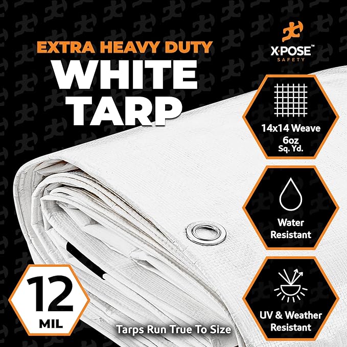 Heavy Duty White Poly Tarp 25' X 45' - Multipurpose Protective Cover - Durable, Waterproof, Weather Proof, Rip and Tear Resistant - Extra Thick 12 Mil Polyethylene - by Xpose Safety