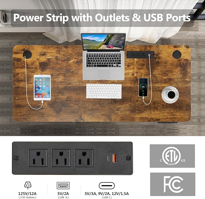 Electric Adjustable Height Standing Desk, 55×24 Inches Sit Stand Desk with Power Socket, 2 USB Ports, 3 Power Outlets, 4 Wheels,4 Memory Buttons Home Office Computer Workstations (Brown)