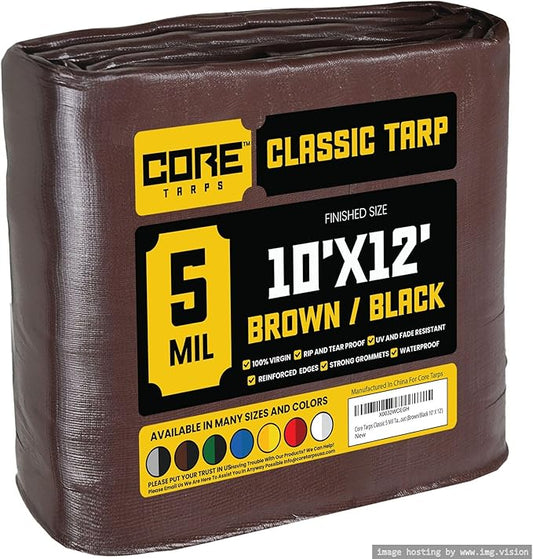 Core Tarps Classic 5 Mil Tarp Cover, Waterproof, UV Resistant, Rip and Tear Proof, Poly Tarpaulin with Reinforced Edges for Roof, Camping, Patio, Pool Cover, Boat (Brown/Black 10′ X 12′)