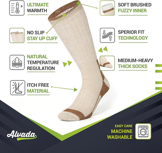 Alvada Merino Wool Hiking Socks Thermal Warm Crew Winter Boot Sock For Men & Women 3 Pairs