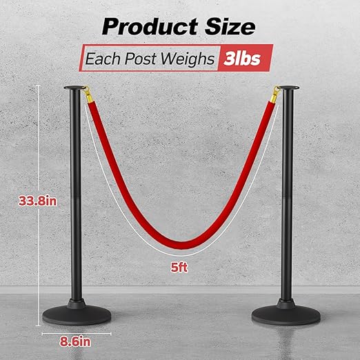 BATTIFE Plastic Stanchion Posts with Red Velvet Ropes and Weighted Rubber-Plastic Base, Crowd Control and Queue Management Barrier Poles for Party, Event, Red Carpet (2 Pack)