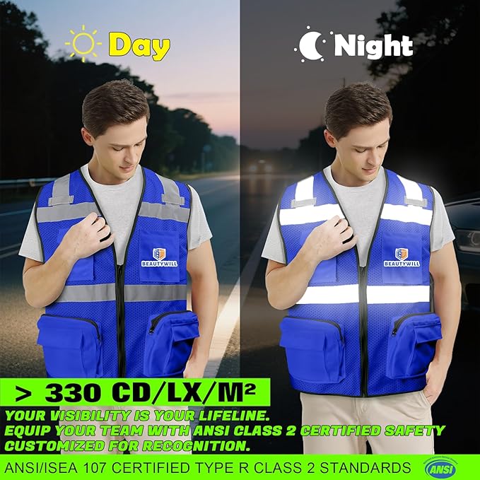 BeautyWill 10 Pack Custom Logo Safety Vest ANSI Class 2 High Visibility Reflective Vest Personalized Construction Vest Bulk