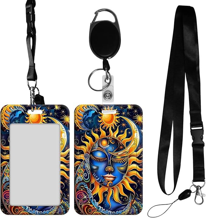 ID Badge Holder with Retractable Lanyard for Women & Men,Vertical ID Card Holder Wallet,Clear Window&Card Slot,Detachable Neck Strap for Nurse Teacher Office,Sun Moon Star