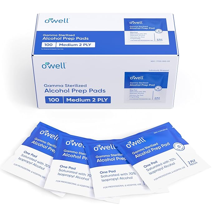 OWELL Prep Pads - 10,000 Individually Wrapped Sterile Alcohol Wipes, Medium 2-Ply Antiseptic Wipes for Disinfecting Skin, First Aid Kit Alcohol Swabs (100 boxes of 100ct)