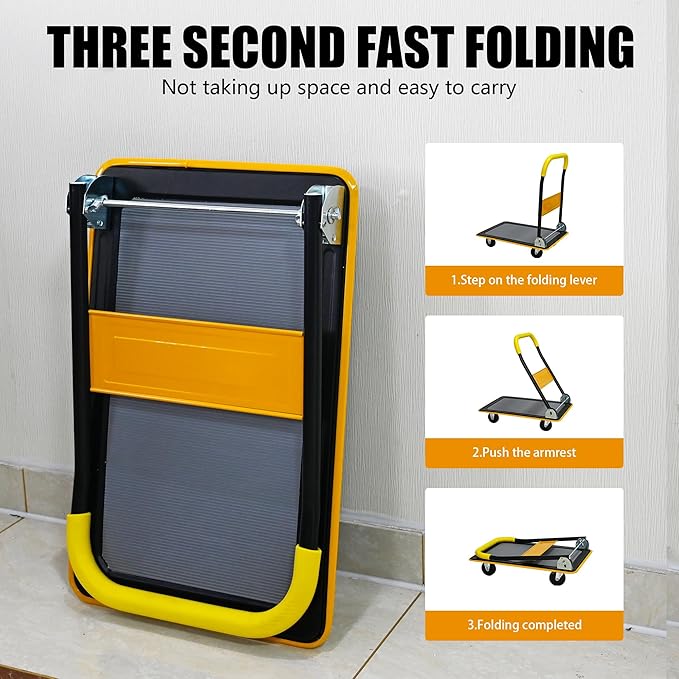 Yellow Folding Platform Hand Truck 330 lbs Capacity, Heavy Duty Flatbed Cart with 360° Swivel Silent Wheels, Non-Slip Steel Dolly for Warehouse, Office, or Home – Foldable Design