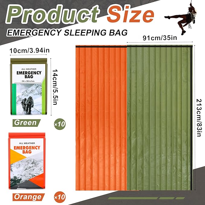 Preboun Emergency Sleeping Bag Bulk Portable Lightweight Survival Bag Thermal Bivy Sack Emergency Blanket Survival Gear for Outdoor Camping Hiking Homeless People Shelter