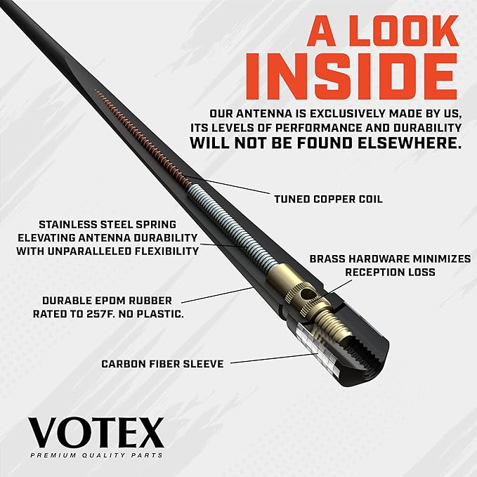 Votex - The Spartan - 13 3/4 Inch Rubber Antenna fits Harley Davidson Motorcycles - Silver Carbon Fiber Trim - Tuned Internal Copper Coil - Part Number A601-HAR-15