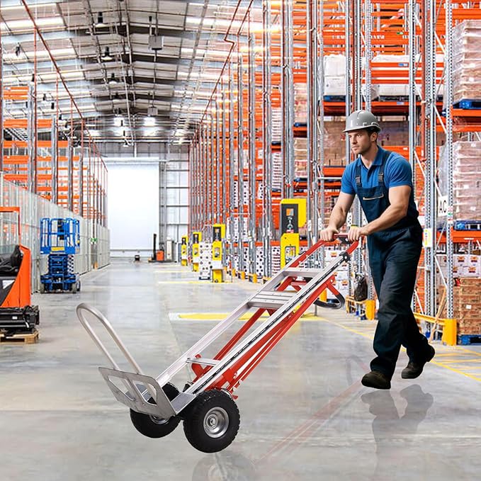 3-in-1 Industrial Aluminum Dolly Hand Truck,Convertible Hand Truck Dolly,1000 Lbs Capacity Hand Trucks Heavy Duty with PU Solid Wheels and Cargo Straps for Moving and Transport (red)