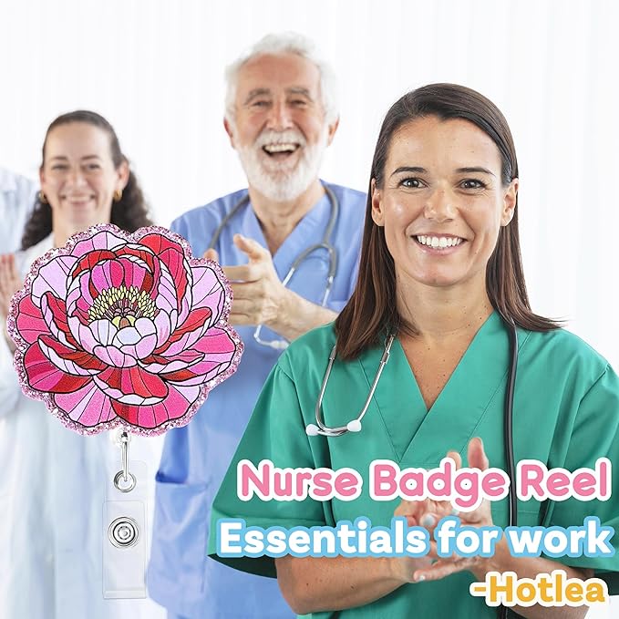 Pink Flower Badge Reel with Alligator Clip Funny ID Badge Holders Cute RN LPN CNA MA PCT Badge Buddy Nursing Medical Students Teachers Nurse Accessories for Work