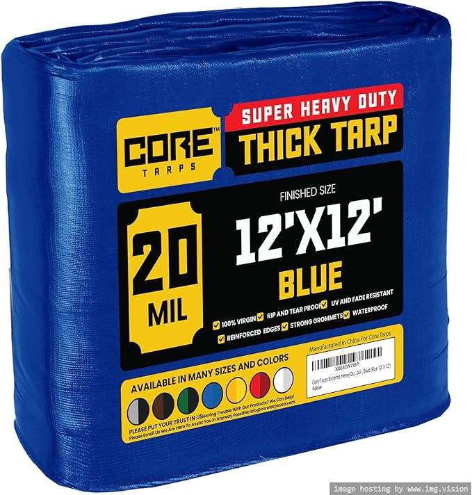 Core Tarps Extreme Heavy Duty 20 Mil Tarp Cover, Waterproof, UV Resistant, Rip and Tear Proof, Poly Tarpaulin with Reinforced Edges for Roof, Camping, Patio, Pool, Boat (Blue 12′ X 12′)