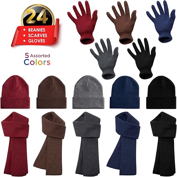 Moda West 72-Pack Gloves, Scarves, and Beanies - Bulk 24 Glove Pairs, 24 Scarves, 24 Beanies - Bulk Supplies for Cold Weather, Emergencies, Homeless, Charity