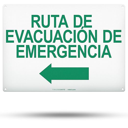 TRADESAFE Emergency Evacuation Route Arrow Left Sign – Ruta De Evacuación De Emergencia Spanish Sign, Quick Install, Light Reflective, UV-Resistant, Waterproof, 14” X 10” Aluminum Safety Signs