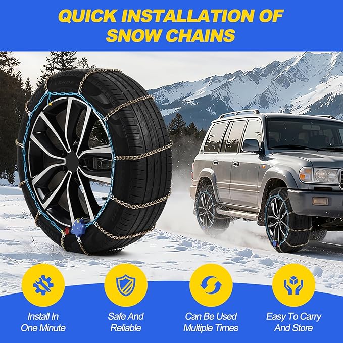 Auto Tightening Snow Chains for Cars, SUVs & Pickup Trucks – 1-Min Quick-Fit Auto Installation, Reusable Universal Emergency Traction Tire Chains – Set of 2（ALN110）