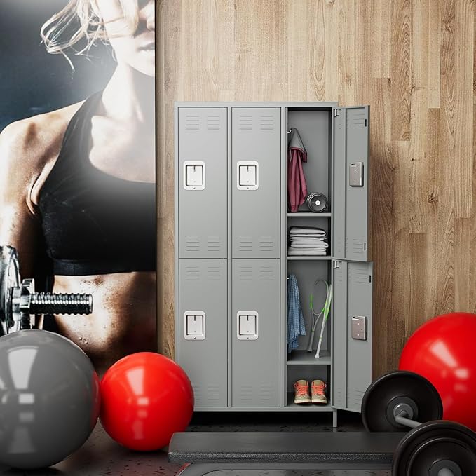 Metal Lockers with 6 Doors and 18 Hooks, 72" Tall Lockers for Employees, Home Office School Gym, Assembly Required, Light Gray