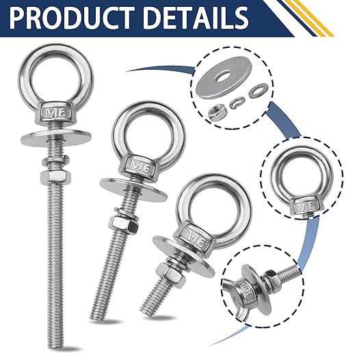 12 Pack M6 Stainless Steel Eye Bolts with Nuts, 1/4" x 3" Long Lifting Ring Eye Bolt， Eye Bolts Heavy Duty for Hang Tie Down Outdoor (12, M6x77mm (1/4"x3"))