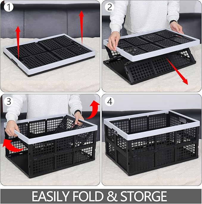 Xyskin 66 L Plastic Folding Storage Crate, Stacking Crate, Portable Collapsible Storage Basket, 4 Packs