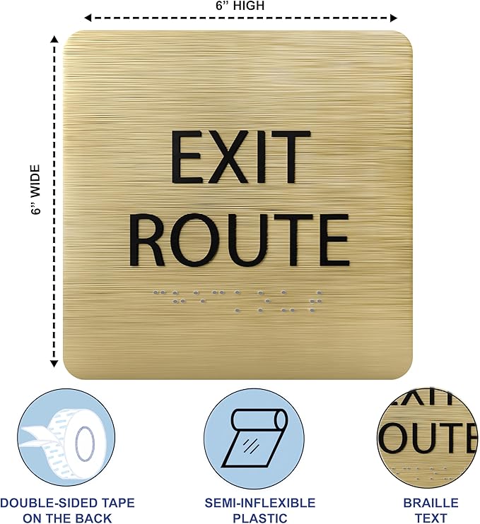 6" X6" Exit Route Sign - ADA Compliant Tactile Graphics Grade 2 Braille Text Acrylic Wall Signs - Building Fire Safety, Visibility, Emergency Response, Evacuation Door Sign