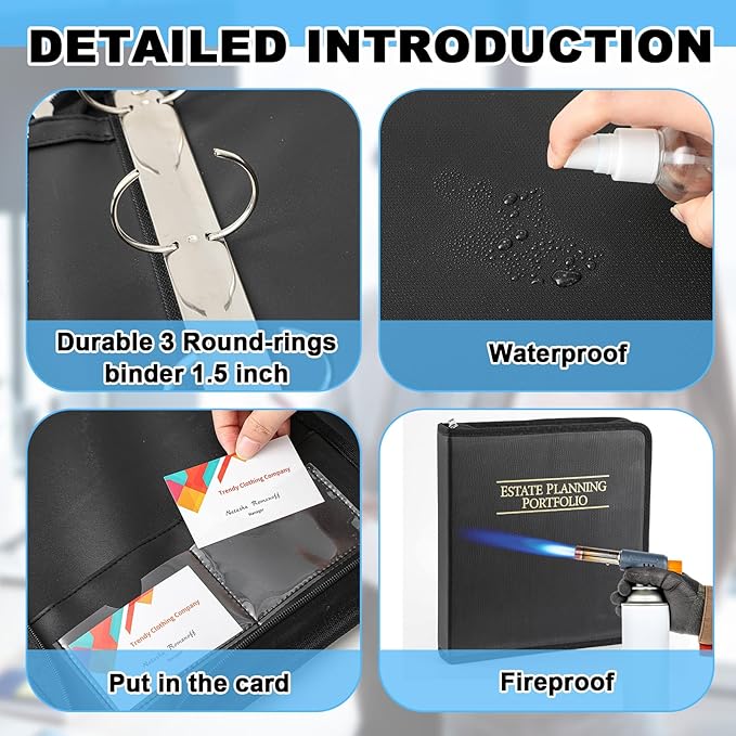 Henoyso Fireproof Estate Planning Portfolio Black 1.5" 3 Ring End of Life Binder with Zip Estate Planning Organizer for Wills, Trusts, Powers of Attorney, 12 Indexed Dividers Included