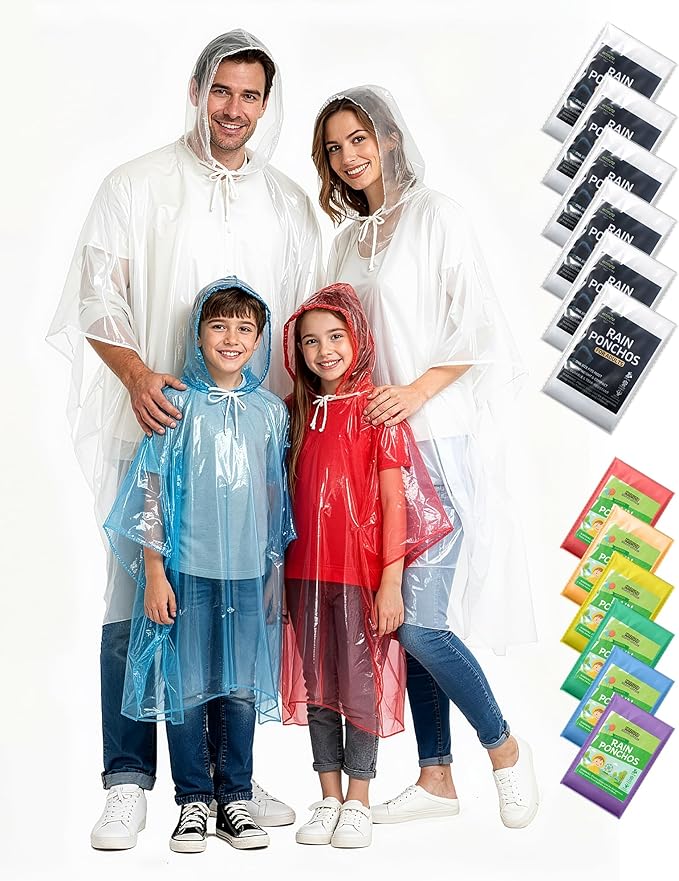 Hitituto Rain Ponchos Family Pack Kids– 6/12/24 Pack Disposable Poncho with Hood, Clear & Assorted Colors, Home Survival Kits