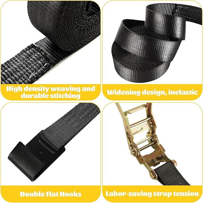 4 Pack 2 Inch Ratchet Straps Heavy Duty 20ft Tie Down Straps Ratchet Flat Hook, 10000 LBS Break Strength, Black Cargo Ratchet Strap for Moving, Truck, Trailers, Motorcycles, Kayaks, Car Roof
