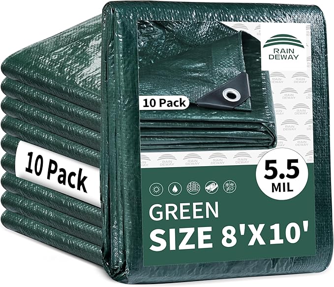 RAINDEWAY Tarps 8x10 Feet(10 Pack),Tarp Waterproof,5.5 Mil Thick, Multipurpose Waterproof Poly Tarp Cover with Metal Grommets and Reinforced Edges,Green Tarps