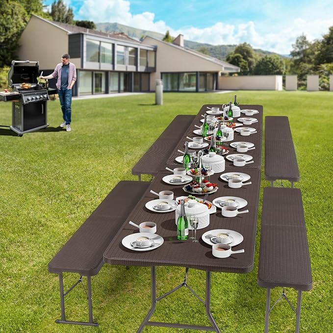 VINGLI Picnic Table Set with 2 Benches, 6 Feet Camping Table Chair Set, 3-Piece Folding Furniture for Indoor or Outdoor Use, Rattan Patterned Tabletop, Brown