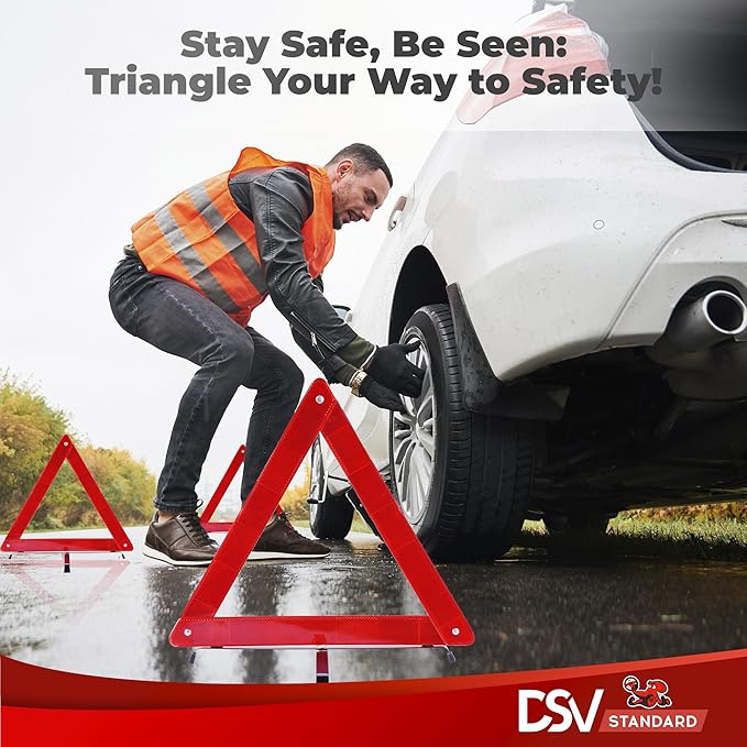DSV Standard Warning Triangles, Reflective Triangles with Reinforced Cross Base and Carrying Case, Safety Triangles, 3-Pack