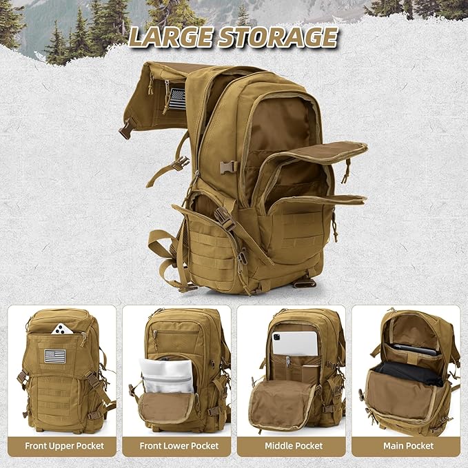 35L Military Tactical Backpack for Men,Water Resistant Assault Pack for Women,Khaki Molle Daypack 3 Day Bug Out Bag Rucksack for Trekking, Camping,Survival,EDC