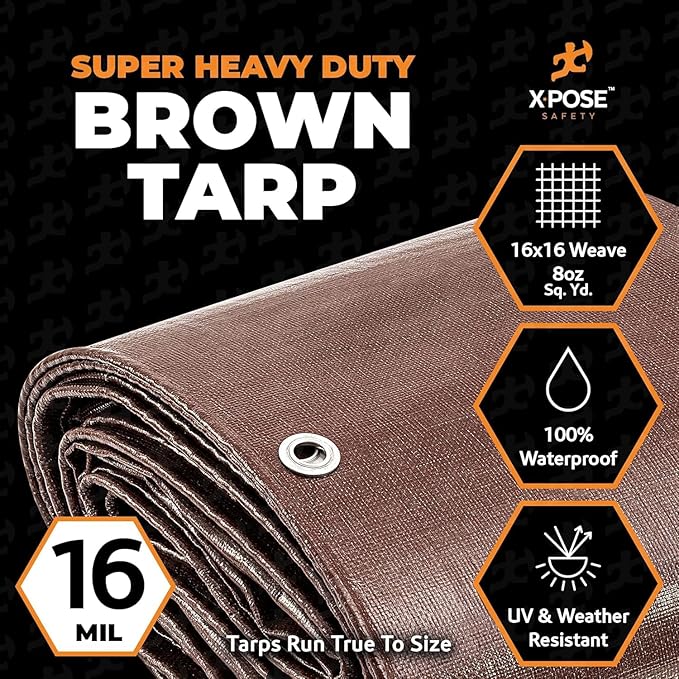 Super Heavy Duty Brown Poly Tarp 10' x 10' - Bulk Full Pallet (216 Pack) Thick Waterproof, UV Blocking Protective Cover - 16 Mil Thick Polyethylene - by Xpose Safety
