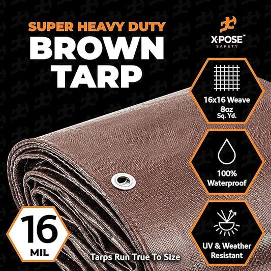 Super Heavy Duty Brown Poly Tarp 10' x 10' - Bulk Full Pallet (216 Pack) Thick Waterproof, UV Blocking Protective Cover - 16 Mil Thick Polyethylene - by Xpose Safety