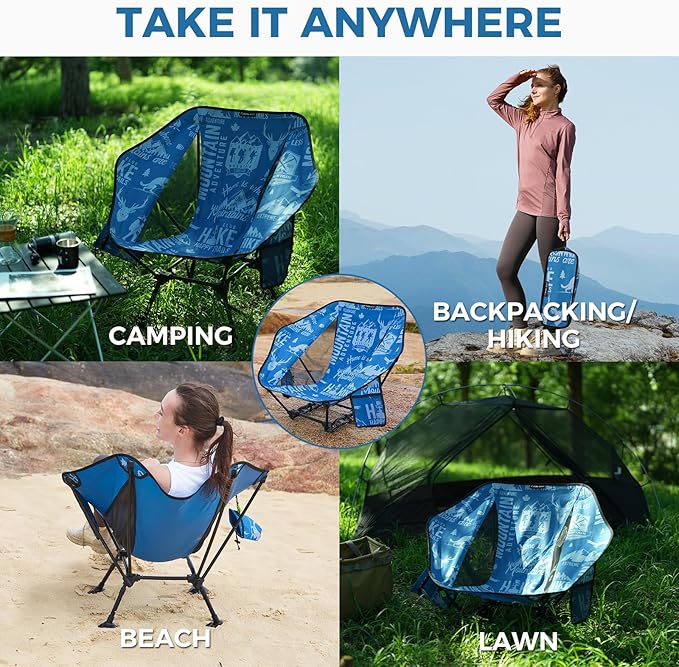 ATEPA UFO3.0 Backpacking Camping Chair, Ultralight Extra Wide Comfortable Folding Chairs Heavy Duty Portable Hexagon Ergonomic Height Adjustable Seat with Anti-Sinking Feet for Hiking Outdoor, Blue