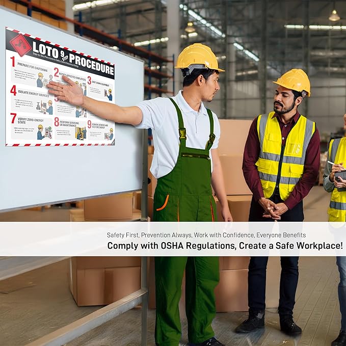 LOTO 9-Step Procedure Poster – OSHA Lockout Tagout Hazardous Energy Control Chart, Step-By-Step LOTO Training Guide for Industrial Safety, Maintenance & OSHA Compliance