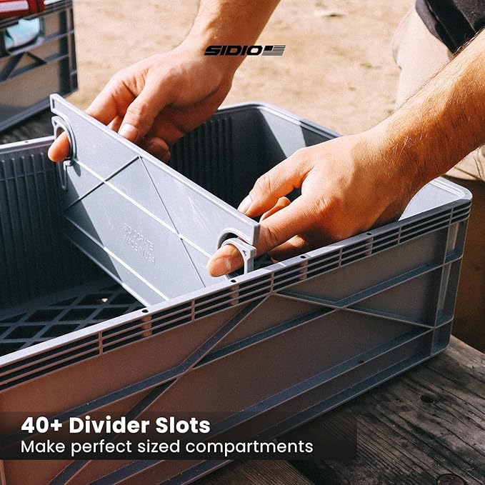 SIDIO Full-Size Collapsible Crate - Heavy Duty Stackable Storage Bin with Lid & 2 Short-Ways Dividers, Durable Plastic Organizer for Home, Office, Garage & Outdoor Use (Sidio Blue)