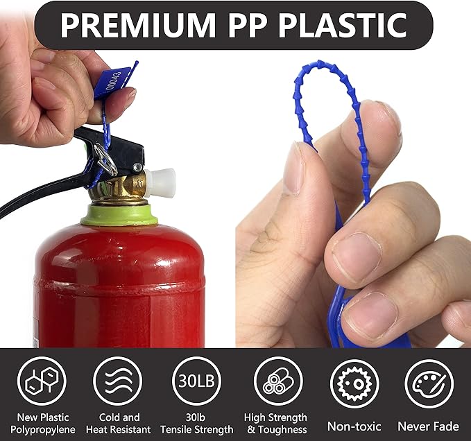 200 Plastic Security Seals Secure Anti-Tamper Fire Extinguisher Tags Numbered Zip Ties Inspection Tags Breakable Label Tags Pull Tite Safey Tags for First Aid Kits, Clothes,Bags (Blue)