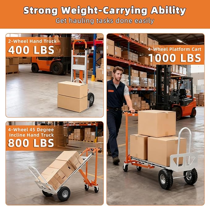 Aluminum 4 in 1 Convertible Hand Truck Dolly, 1000Lbs Capacity, Heavy Duty Folding Hand Truck Dolly Cart with Wheels 10" Solid, 2 Safety Strap, Hand Trucks for Logistics, Moving Home, Shopping, Office