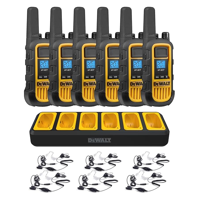 DEWALT FRS Walkie Talkies Long Range 2 Way Radio, 2 Watt, Waterproof & Rechargeable, 6 Pack with 6 Headsets & Gang Charger, DXFRS800BCH6-SV1