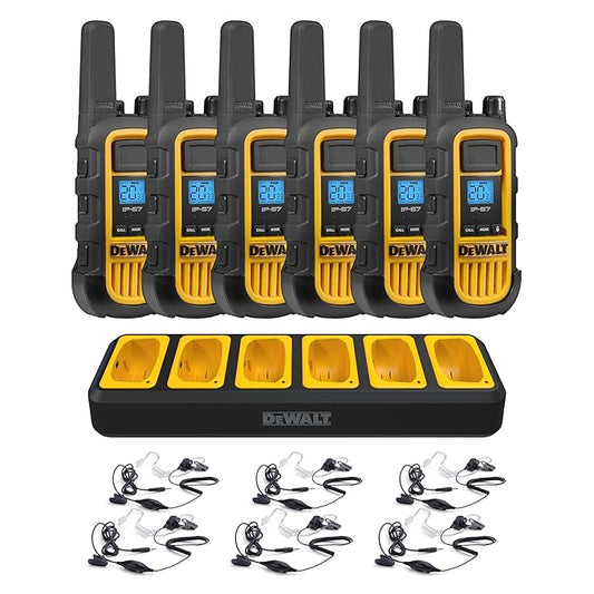 DEWALT FRS Walkie Talkies Long Range 2 Way Radio, 2 Watt, Waterproof & Rechargeable, 6 Pack with 6 Headsets & Gang Charger, DXFRS800BCH6-SV1