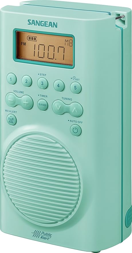 Sangean H205TQ Portable AM/FM/Weather Alert Digital Tuning Waterproof Shower Radio, Turquoise