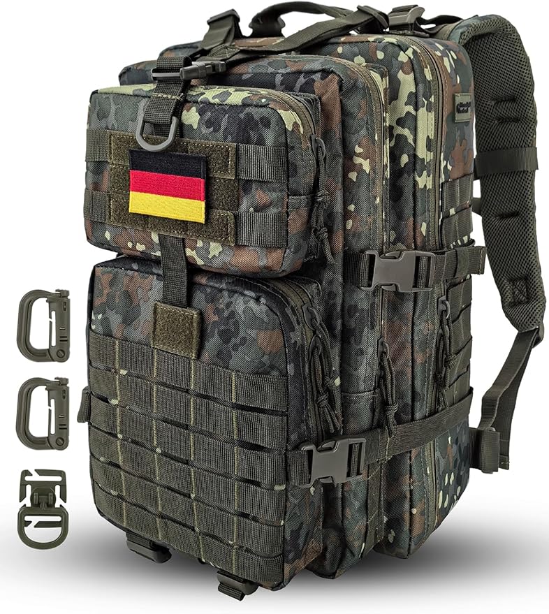 MOLLE Assault Backpack, Tactical Backpack Military Army Camping Rucksack, 3-Day Pack Trip w/USA Flag Patch, D-Rings, Flecktarn
