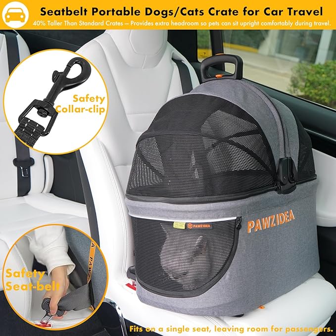 PAWZIDEA Portable Small Dog Crate for Car Travel, Enclosed Pet Car Seat for Small/Medium Dogs & Cats up 33 lb, Reversible No-Zip Canopy, Soft-Sided Pet Carrier Basket, Foldable Dog Kennel, Metal Frame