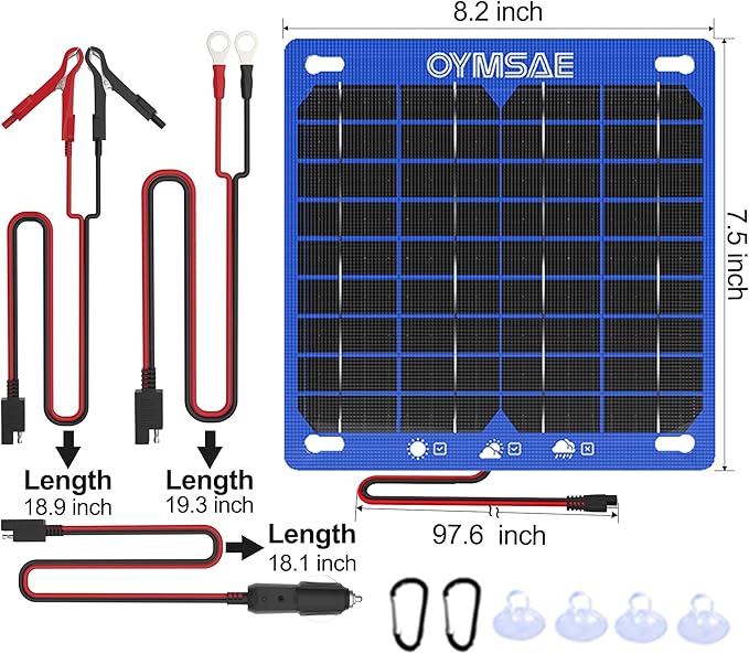 OYMSAE 7.5W 12V Blue Solar Panel Portable Waterproof Trickle Battery Charger & Maintainer for Car Boat RV with Cigarette Lighter Plug & Alligator Clip