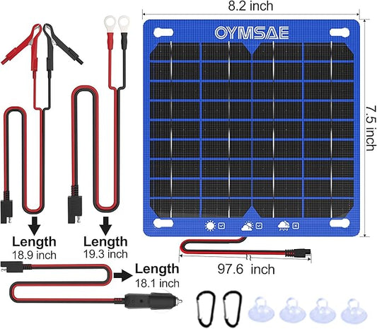 OYMSAE 7.5W 12V Blue Solar Panel Portable Waterproof Trickle Battery Charger & Maintainer for Car Boat RV with Cigarette Lighter Plug & Alligator Clip