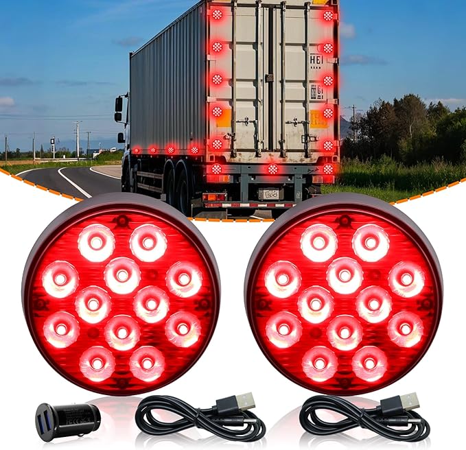 2PCS Magnetic Red Strobe Lights for Trucks, Battery Powered LED Rechargeable Flashing Lights for Vehicles, Red Beacon Wireless Roadside Emergency Safety Warning Lights for Trucks Trailer Car