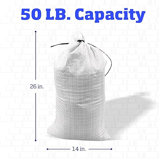 DURASACK Heavy Duty Sand Bags with Tie Strings Empty Woven Polypropylene Sand-Bags for Flood Control with 1600 Hours of UV Protection, 50 lbs Capacity, 14x26 inches, White, 1000 Count
