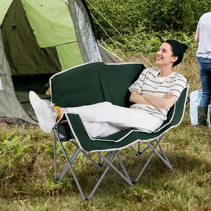 Tangkula 2 Person Camping Chair, Portable Oversized Outdoor Folding Camp Chair Loveseat with Padded Seat, Cup Holder, Carry Bag, Heavy Duty Lawn Chair for Beach, Fishing, Travel (2-Person,Green)